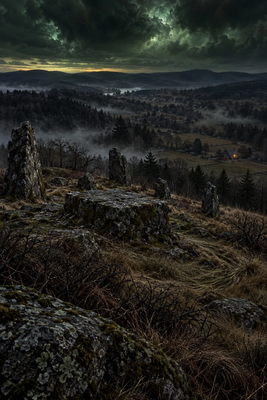 Weathered stones and a low altar overlook an isolated valley under storm clouds; an imagined Sentinel Hill.