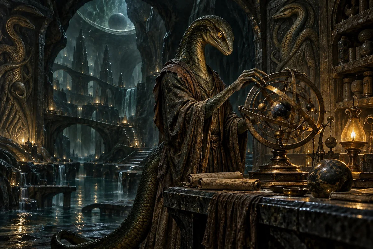 An intelligent serpent person studies relics in an ancient underground archive.