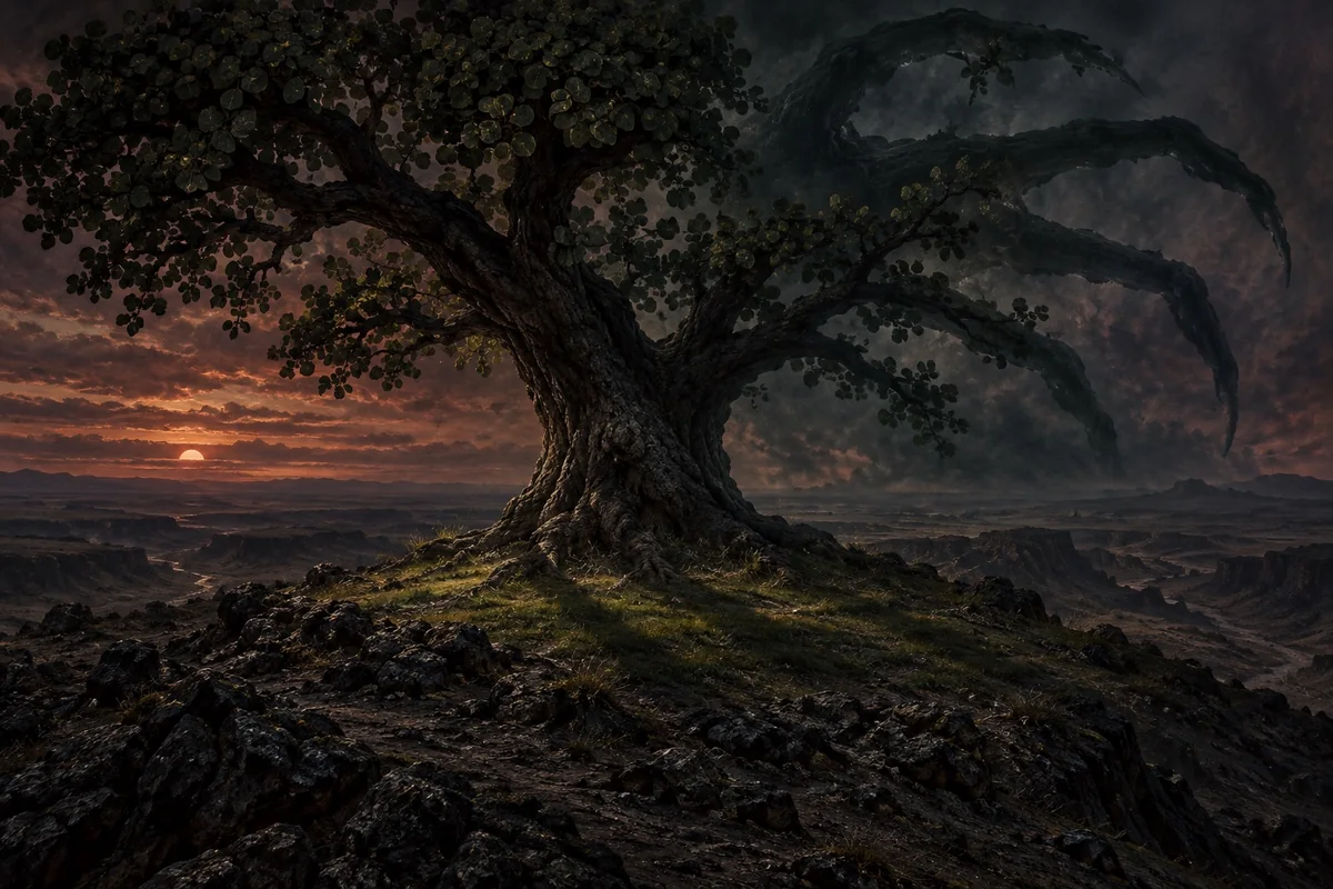 An oak-like tree on a barren hill overlaps with the immense clawed outline of a presence concealed in the landscape; an artistic interpretation.