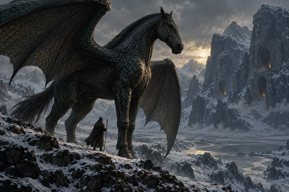 A horse-headed scaled shantak spreads its wings in the northern wastes.