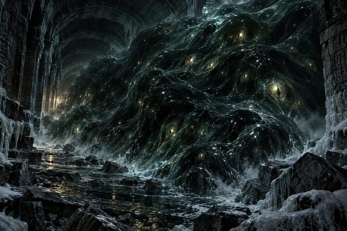 A formless shoggoth with transient eyes fills an ancient icy passage.
