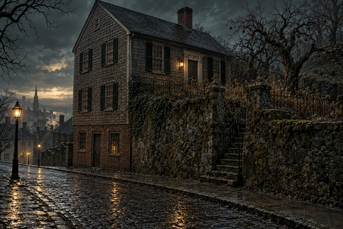 A weathered colonial house rises directly above its brick cellar frontage beside a steep Providence street, with a neglected terraced garden.