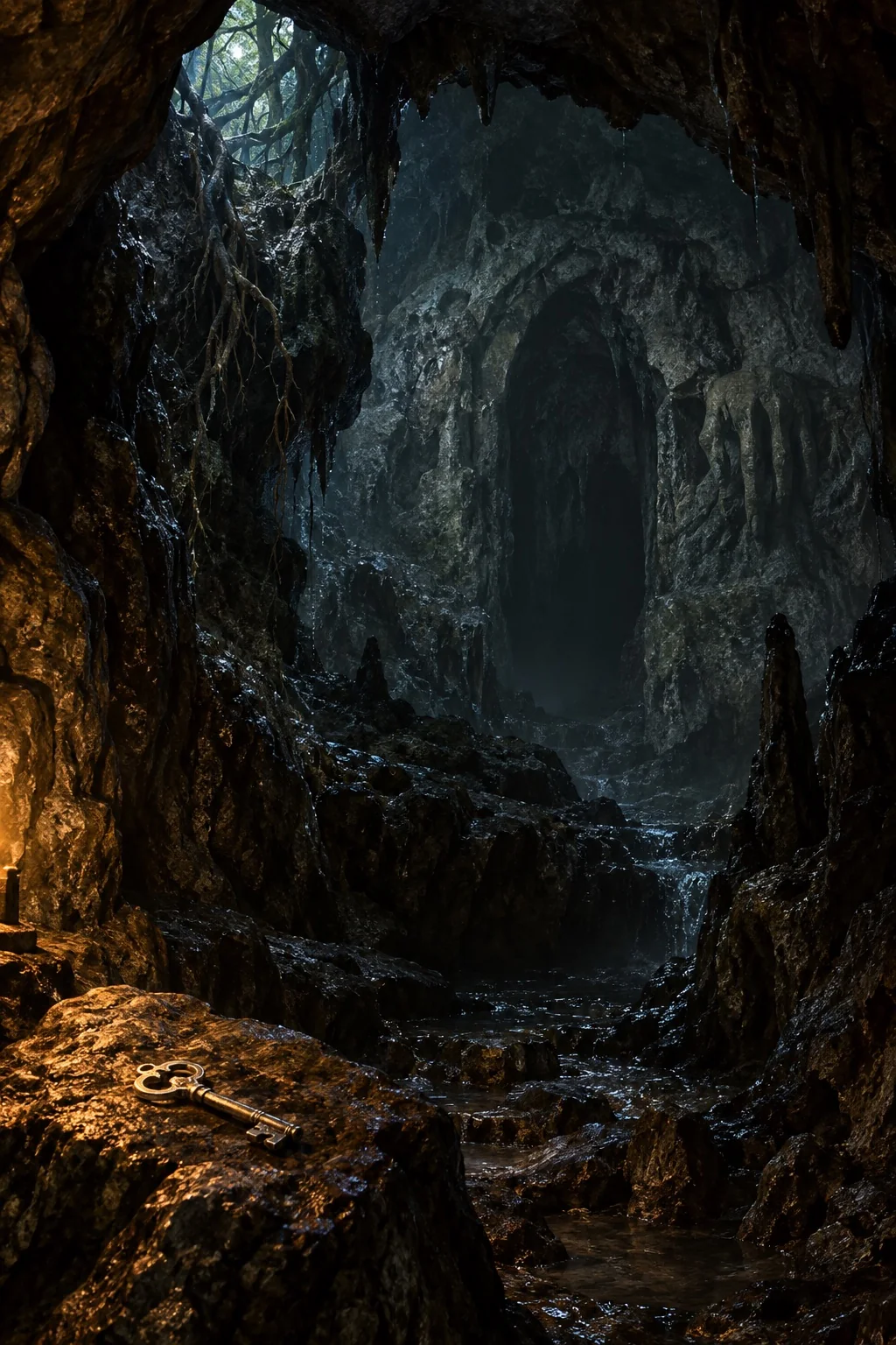 An ancient silver key rests inside a shadowed woodland cavern whose rock suggests an arch and a carved hand.