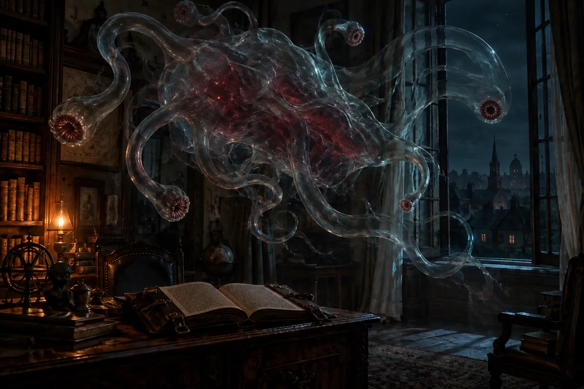 An imagined translucent headless feeder with many sucker-tipped appendages looms above a scholar’s table.