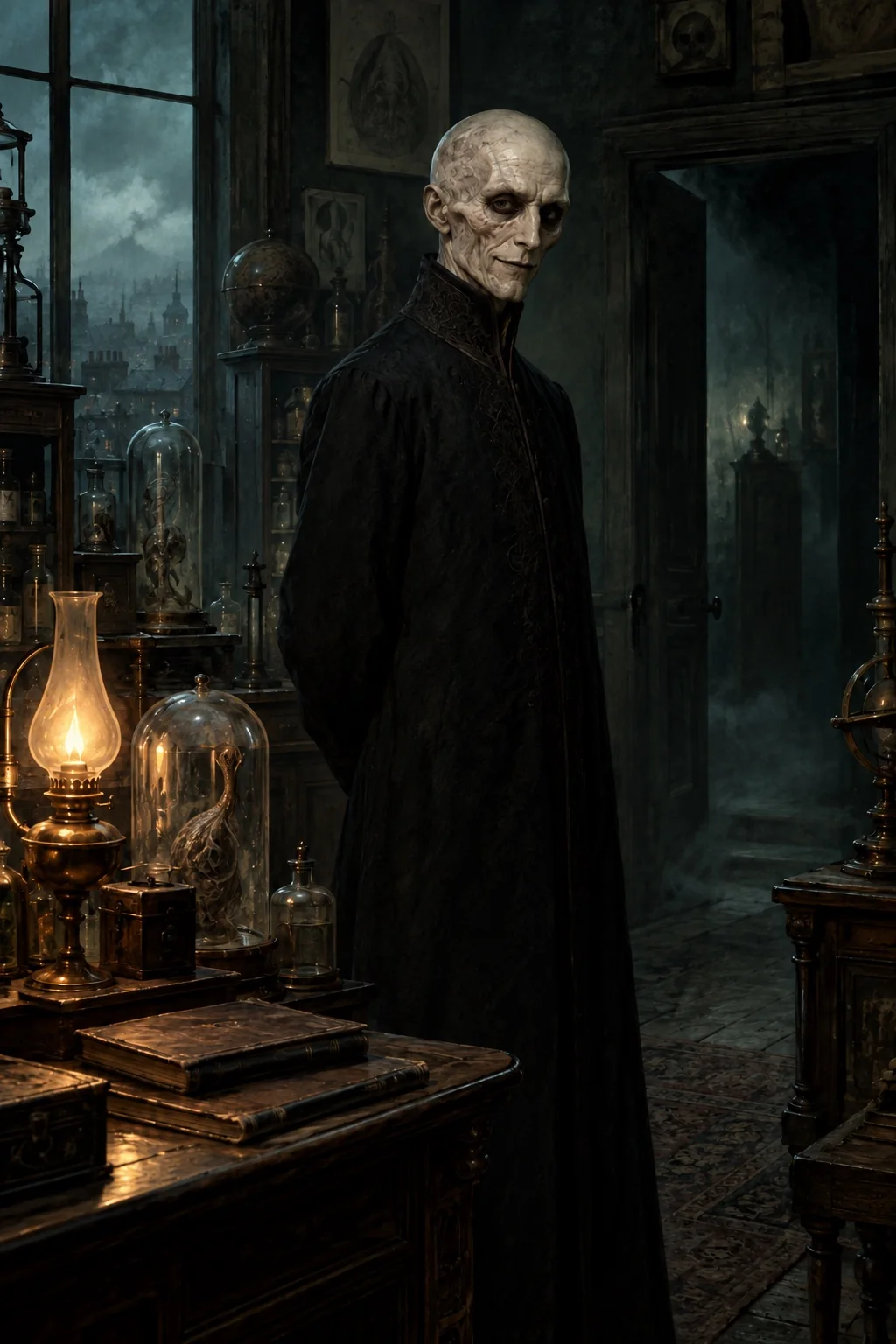 A gaunt bald figure in concealing dark clothing stands among antique laboratory vessels, lit by a muted oil lamp.