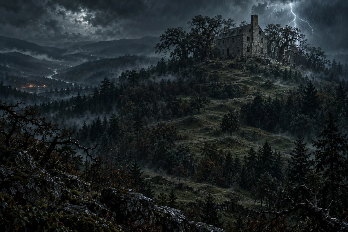 A ruined stone mansion crowns a wooded mountain during a thunderstorm, with low branching earth mounds crossing the slopes.