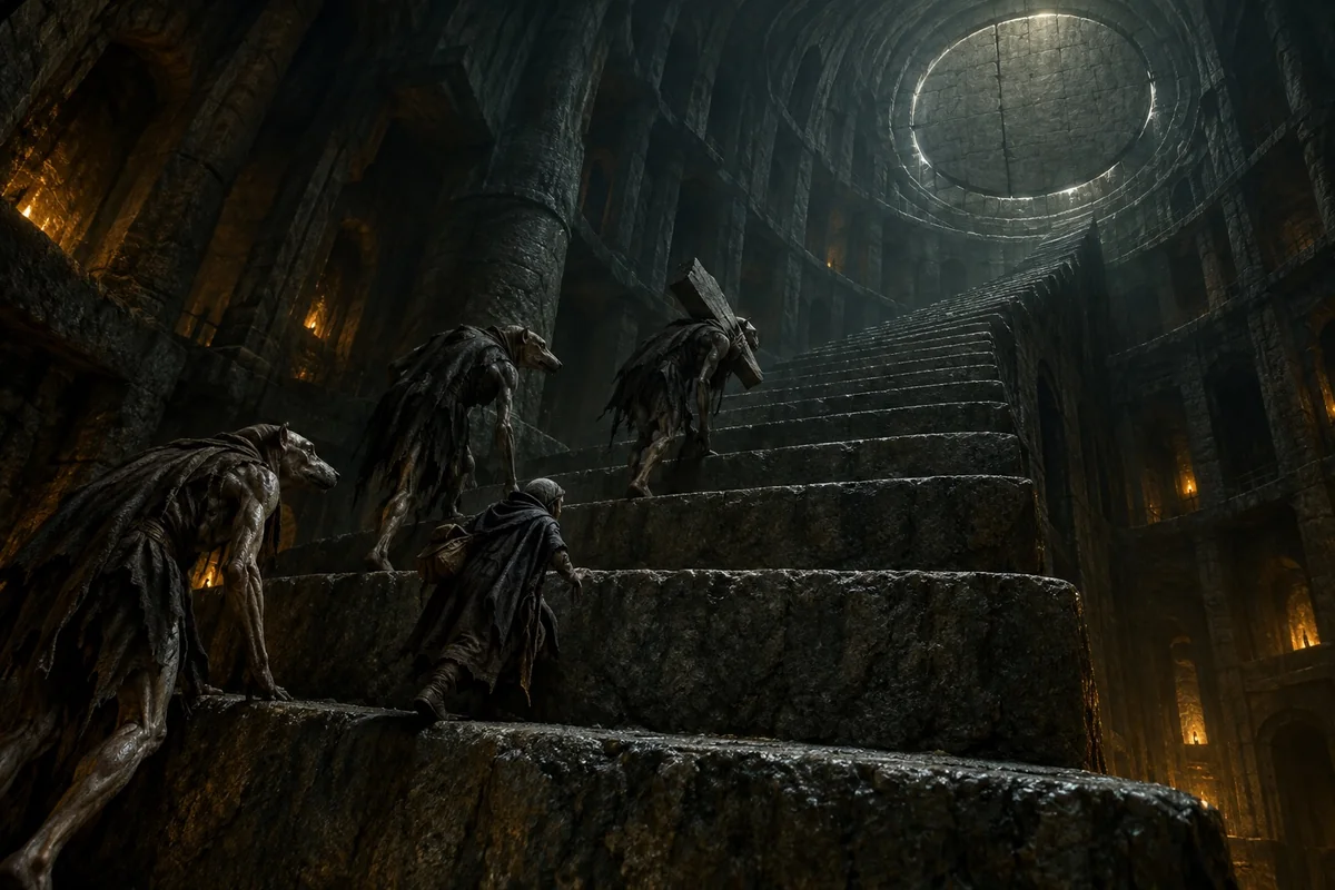 Carter and three ghoul guides climb the giant steps inside the Tower of Koth.