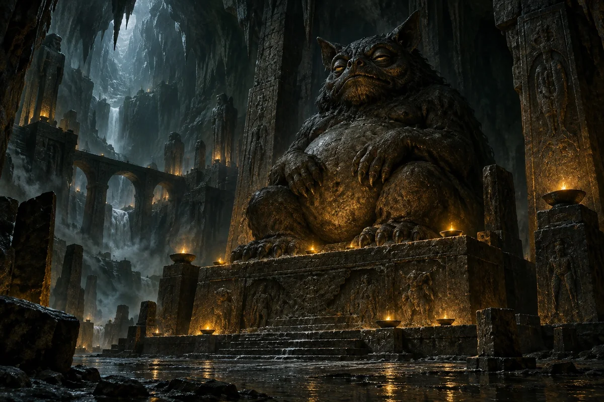 A squat toadlike and batlike idol in a deserted subterranean temple.