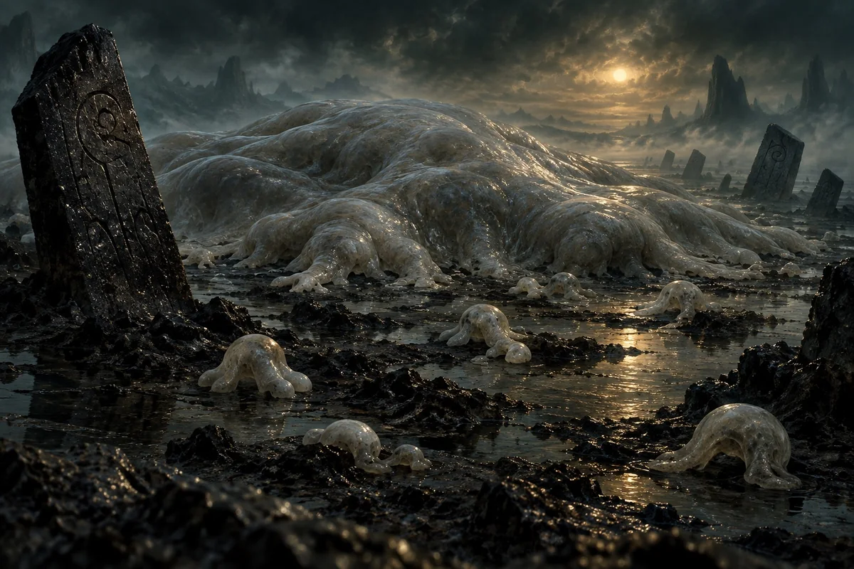A vast headless protoplasmic mass sheds primitive forms into a dark primordial marsh, surrounded by weathered stone tablets.