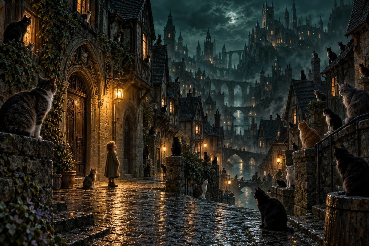 Cats occupy the old streets of an imagined Ulthar beneath amber lamps.