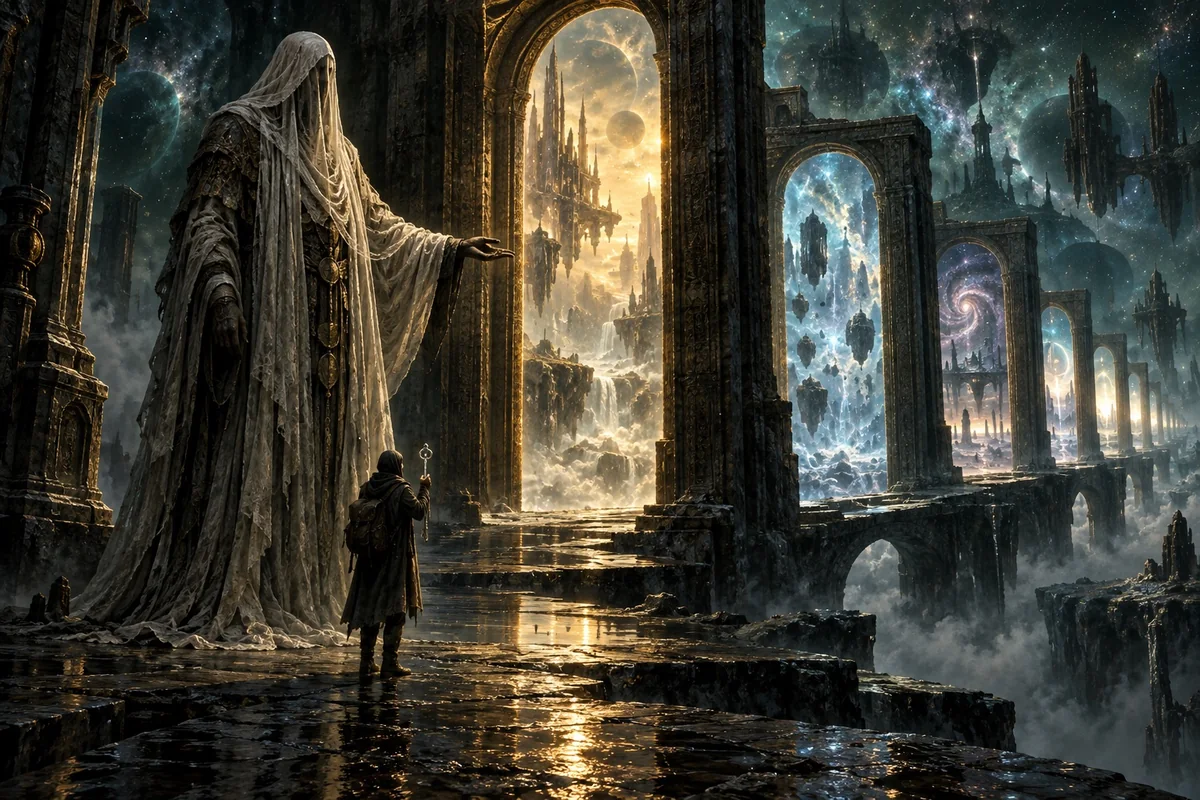 A veiled guardian waits at the first gate beyond earthly perception.
