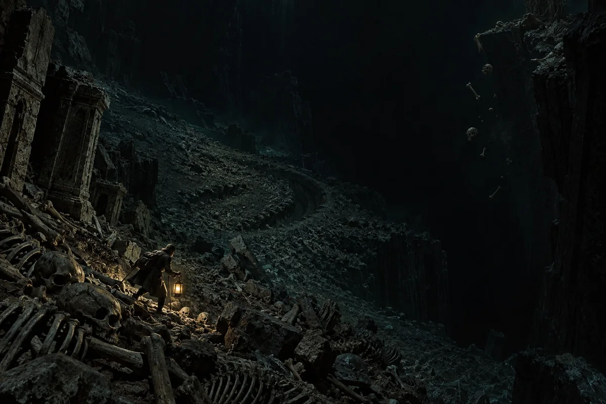 Carter feels his way through heaps of bones in the dark Vale of Pnath.