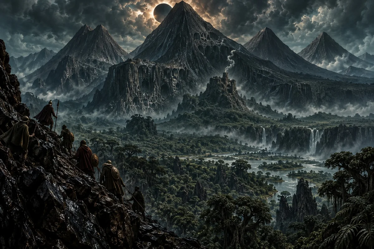 An ancient hunting expedition approaches dark volcanic heights above a prehistoric valley; high caves and a distant smoke spiral suggest hidden inhabitants.