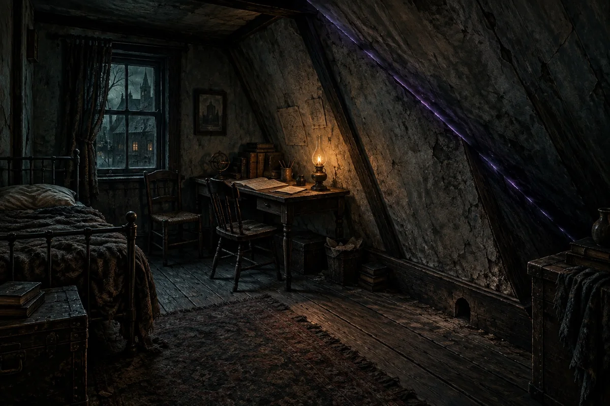 A decaying attic bedroom with inward-sloping surfaces, a narrow bed and lamp-lit desk; a faint violet line follows an unsettling angle.