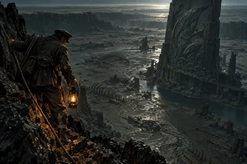 The stranded wartime sailor approaches a monolith in a seabed chasm.