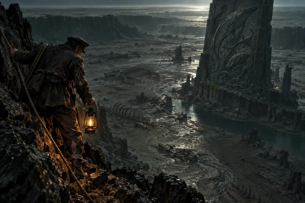 The stranded wartime sailor approaches a monolith in a seabed chasm.
