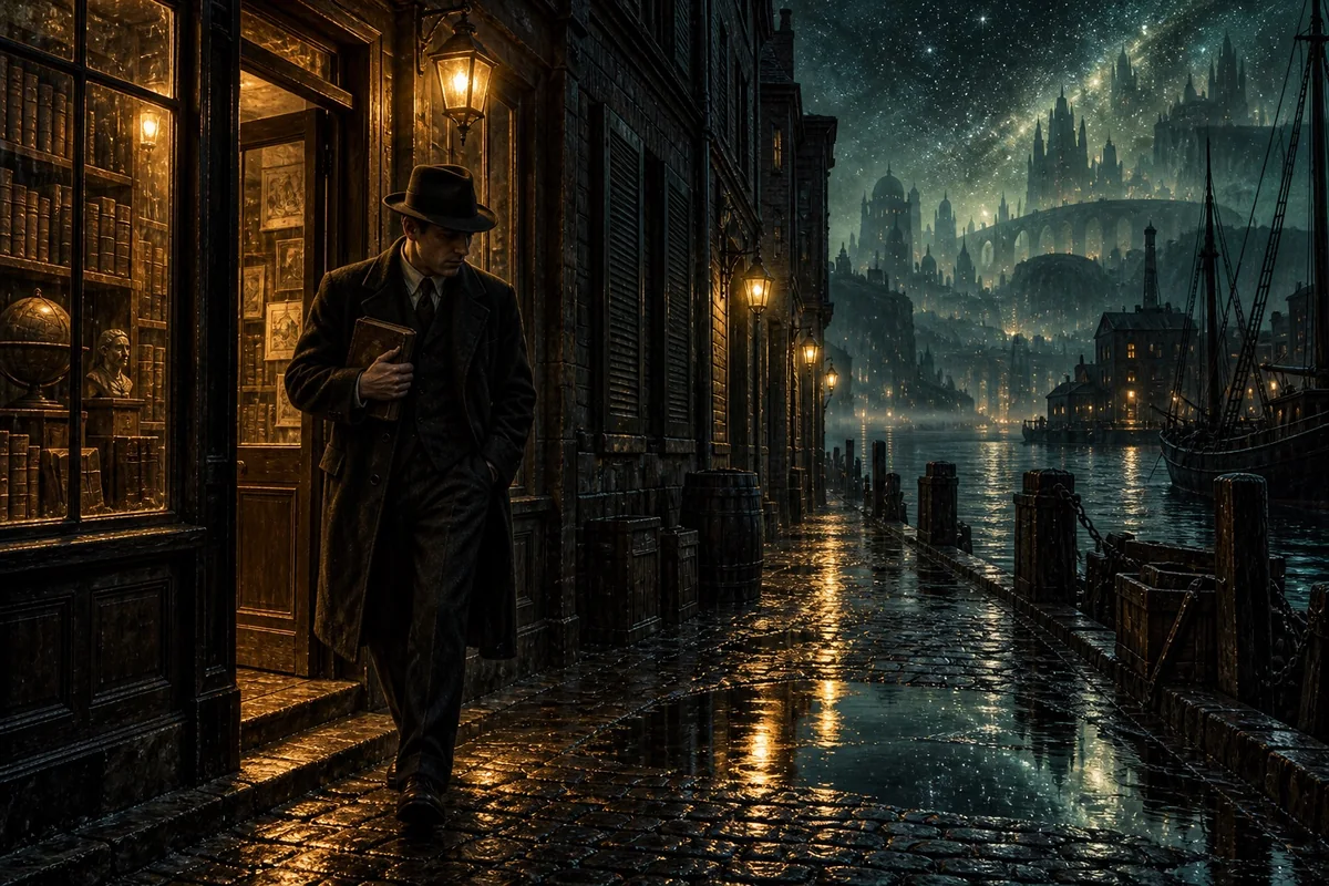 A reader escapes a waterfront bookshop carrying a volume of disturbing visions.