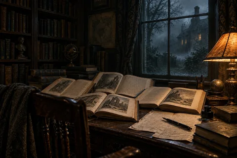 A reader surveys the Gothic and weird tradition through a lamplit library.