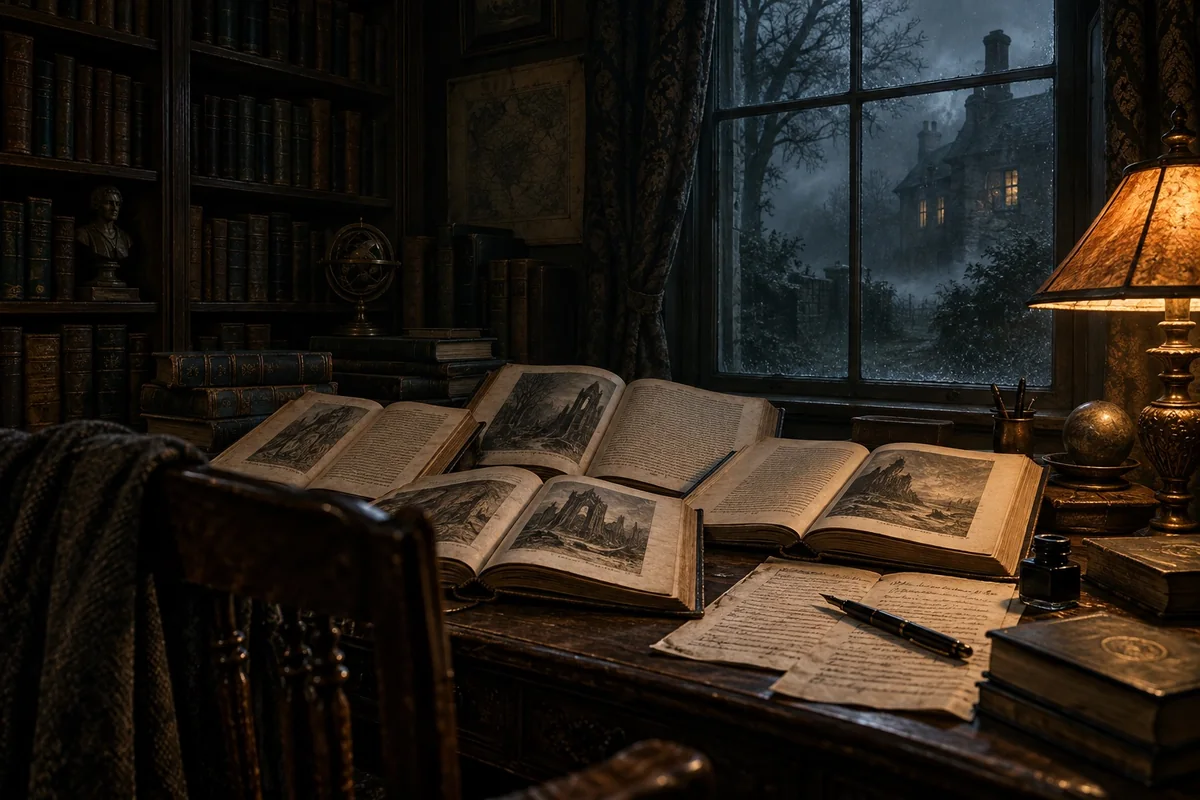 A reader surveys the Gothic and weird tradition through a lamplit library.