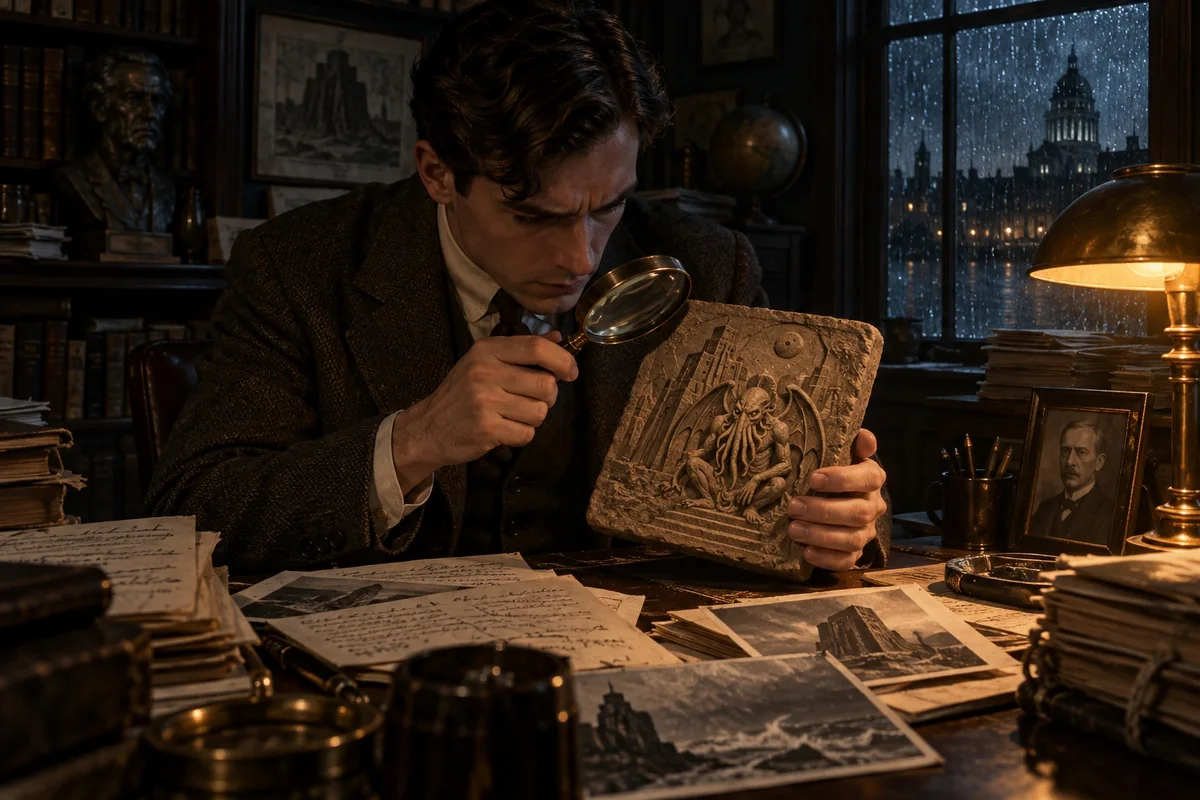 Thurston examines Angell’s inherited clay relief and research papers.