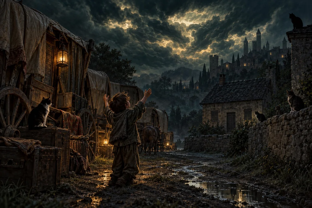 Menes offers his prayer beneath gathering clouds as the cats watch.