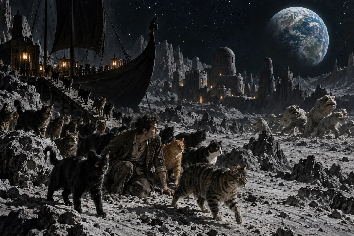 Carter’s feline allies rescue him beside a black galley on the moon.