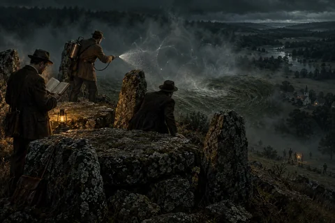 Three scholars confront an unseen presence on Sentinel Hill.