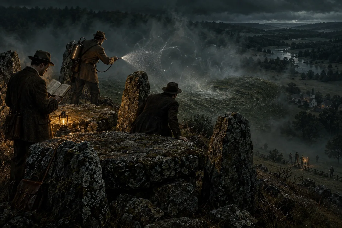 Three scholars confront an unseen presence on Sentinel Hill.