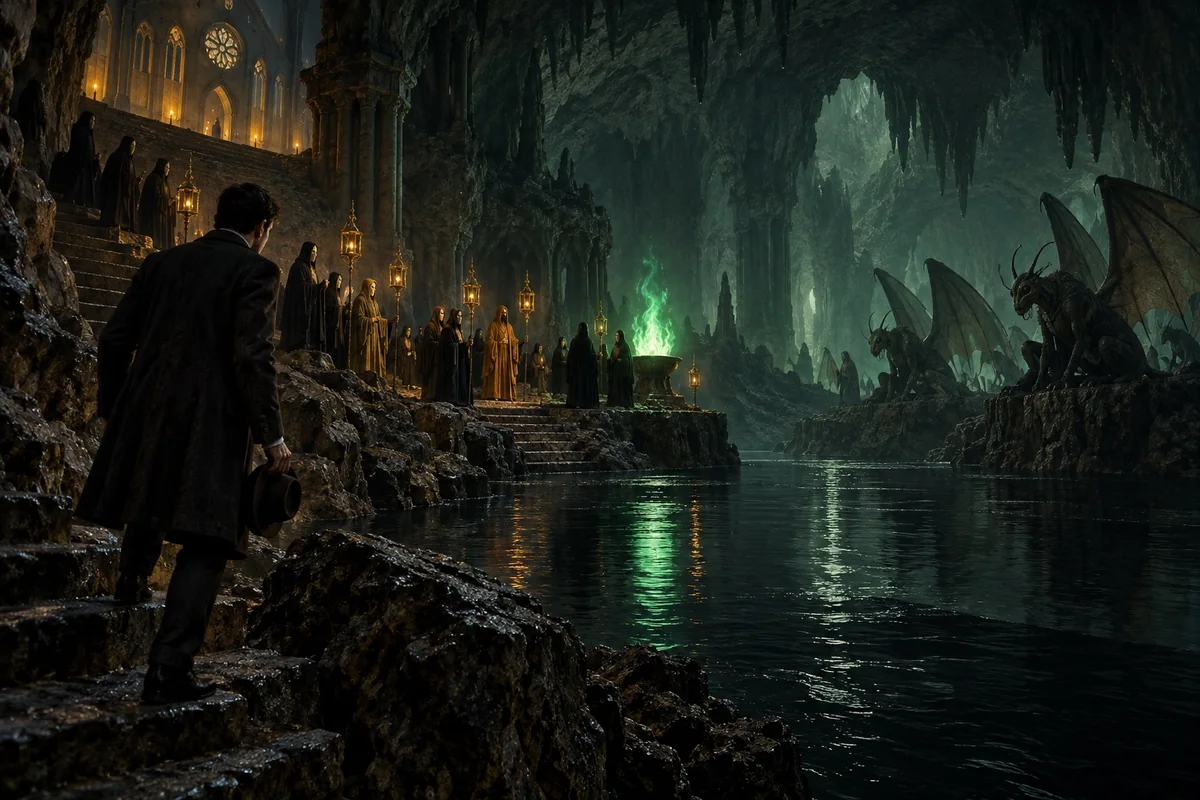 The narrator reaches the green-lit river beneath Kingsport’s church.
