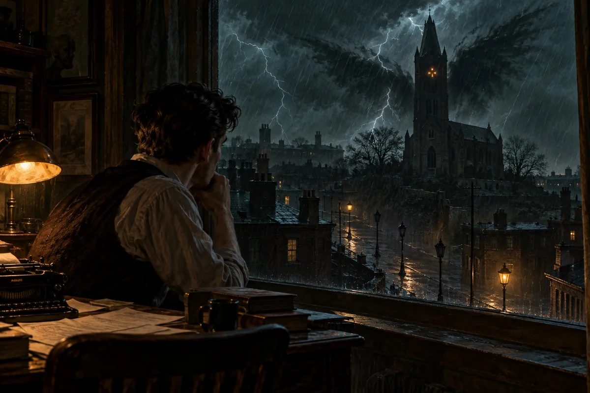 Blake watches the church’s protective lights fail during a storm.