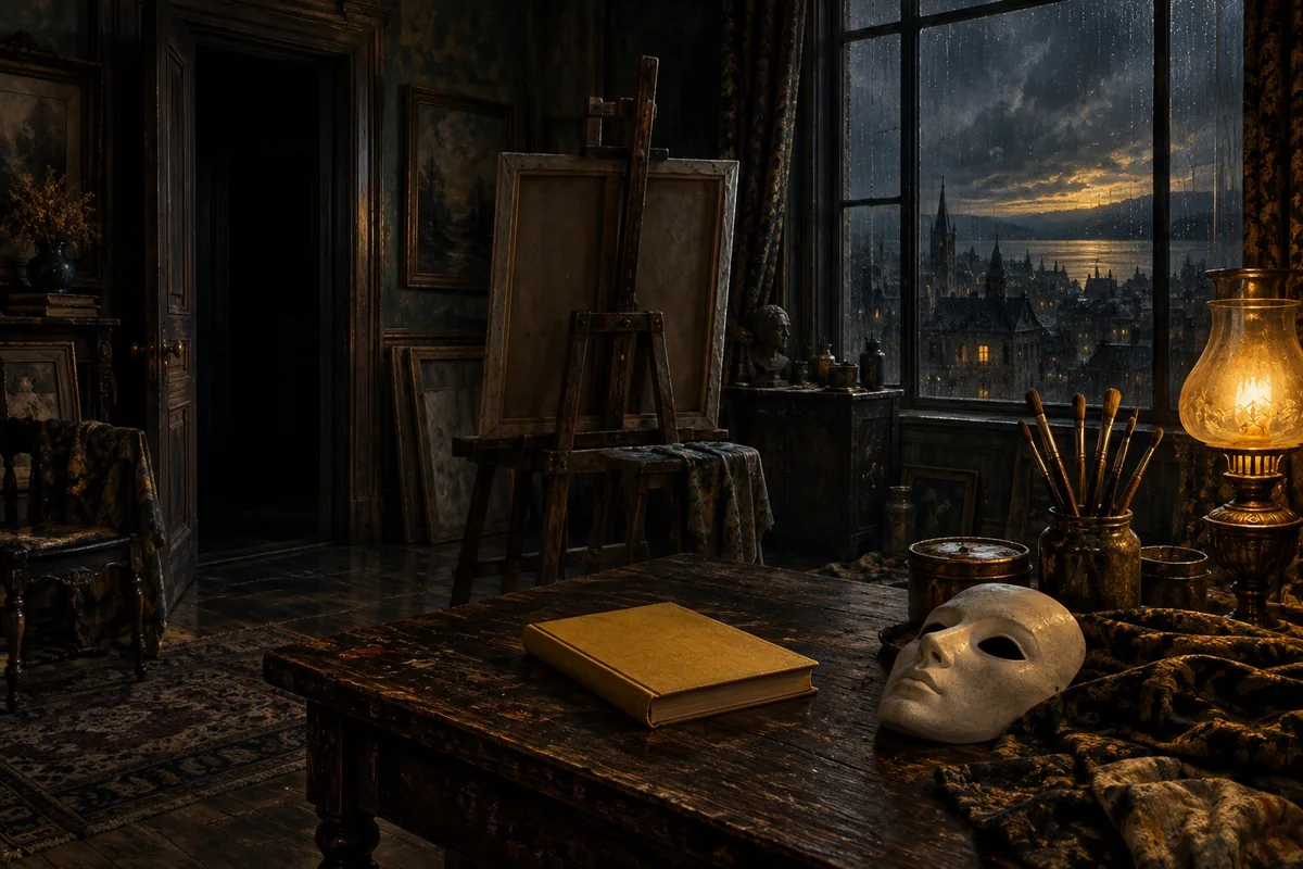 A yellow-bound play and blank theatrical mask in a shadowed nineteenth-century studio.