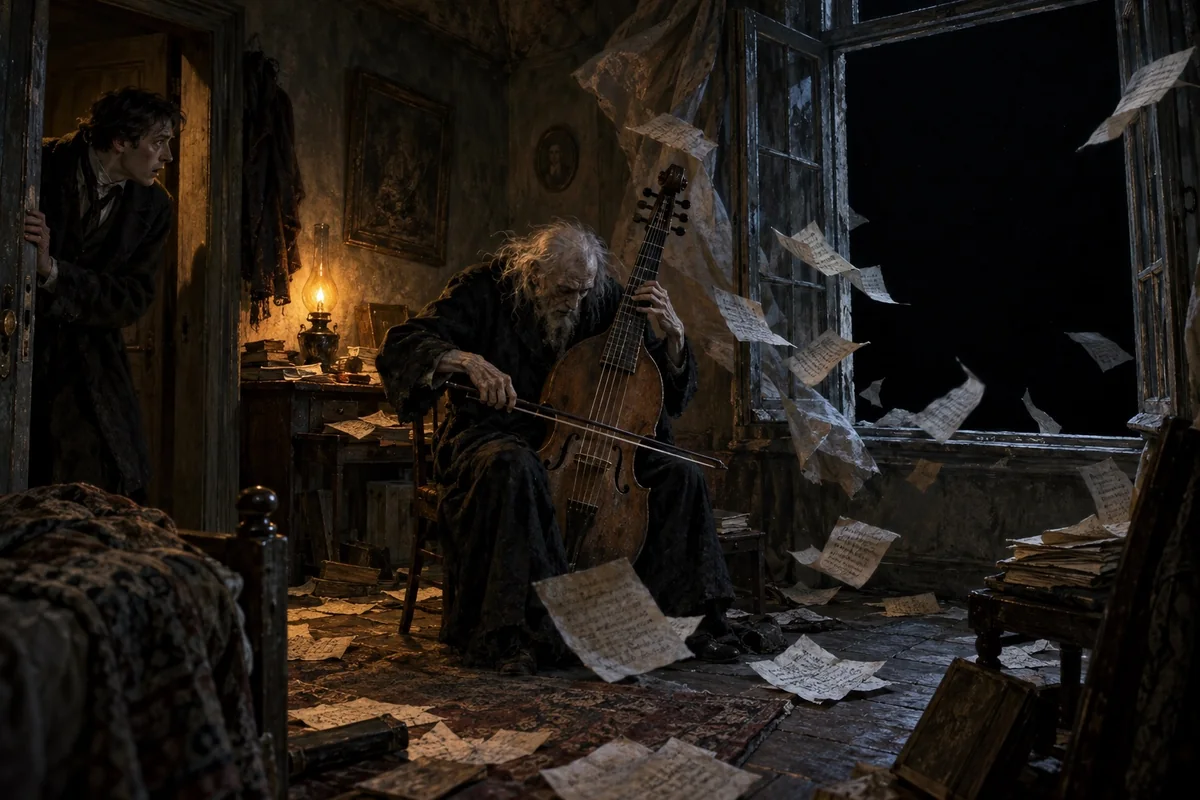 Zann plays his viol before a window opening onto a starless void.
