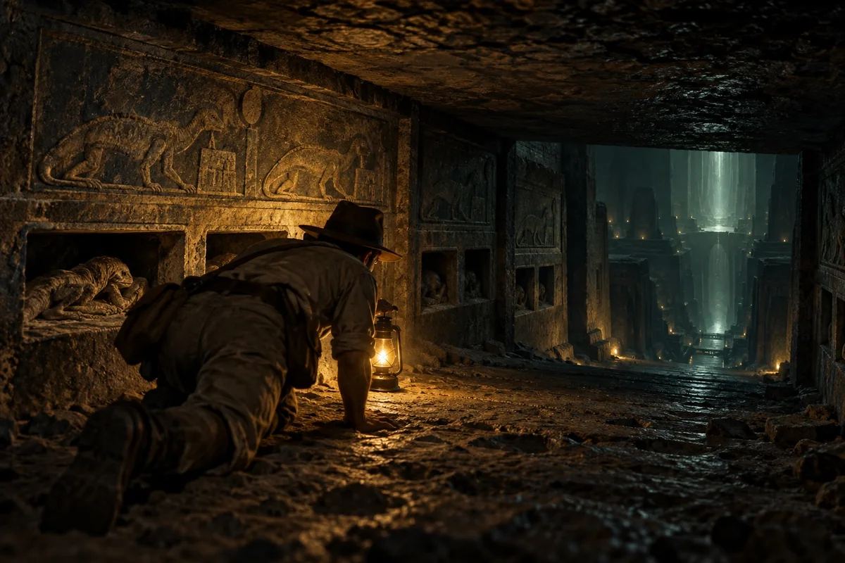 An explorer crawls through passages built for a vanished reptilian civilization.