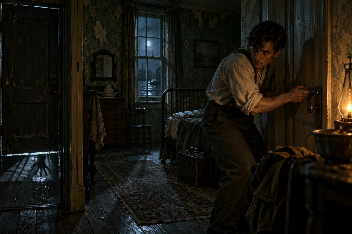 The traveler prepares an escape through adjoining rooms in the Gilman House.
