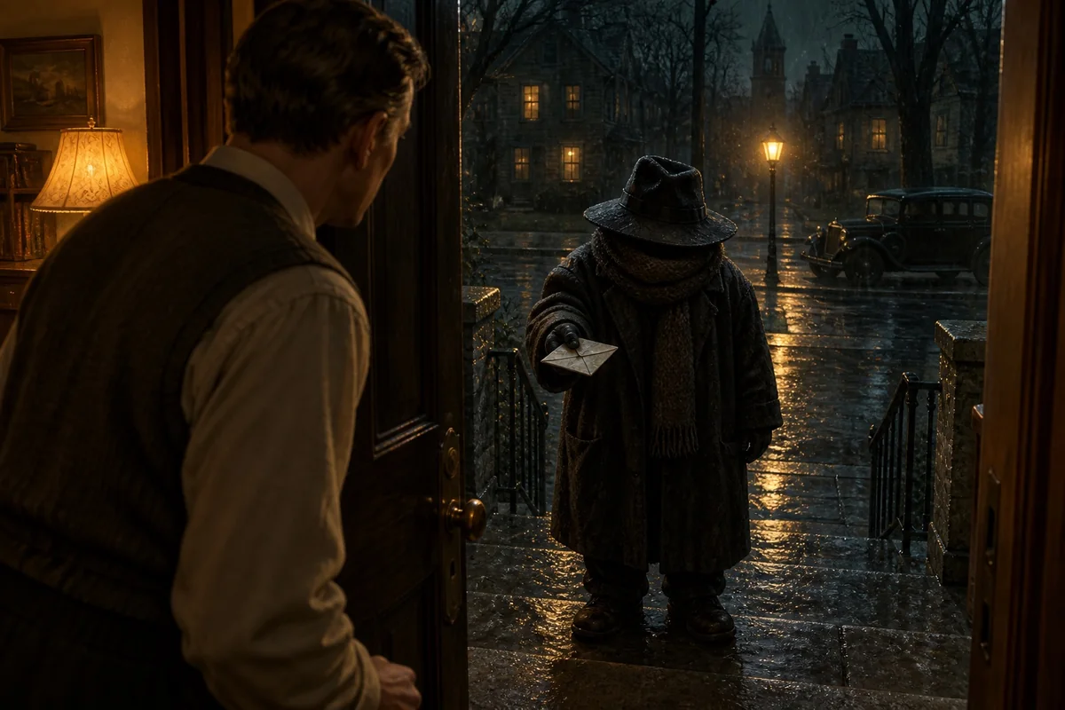 A bundled visitor waits outside Daniel Upton’s door on a cold night.
