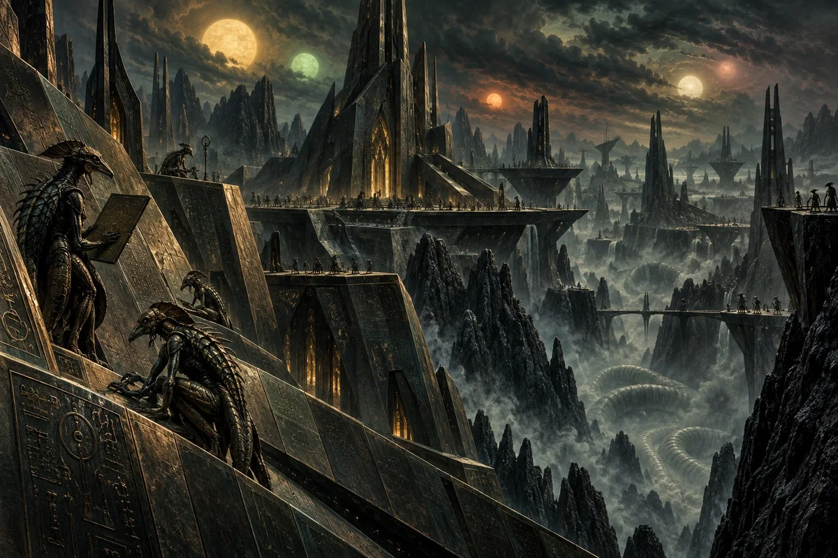 Clawed alien scholars move across steep metallic architecture beneath five colored suns, while vast pale forms occupy the ravines below.