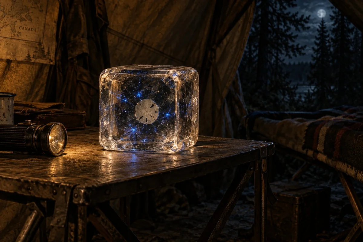 A rounded quartz cube containing a pale marked disc emits small blue flashes on a camping table.