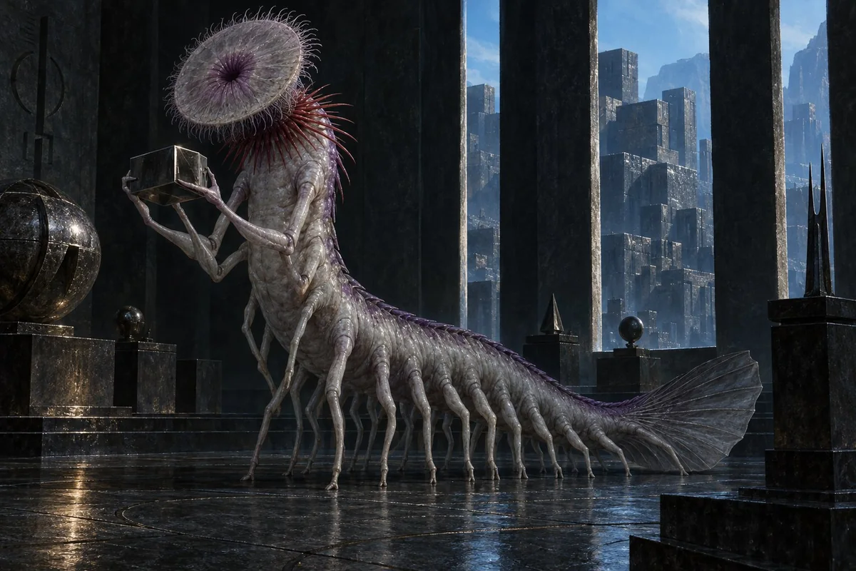 An eyeless many-legged inhabitant of Yekub carries a metal instrument in a low alien chamber.
