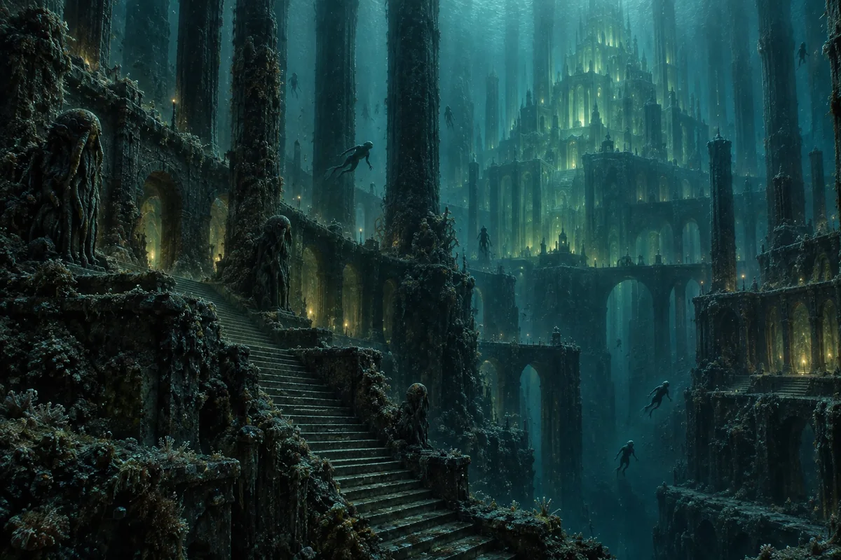 Colossal columns and luminous terraces rise through dark ocean water, with distant amphibious inhabitants swimming between them.