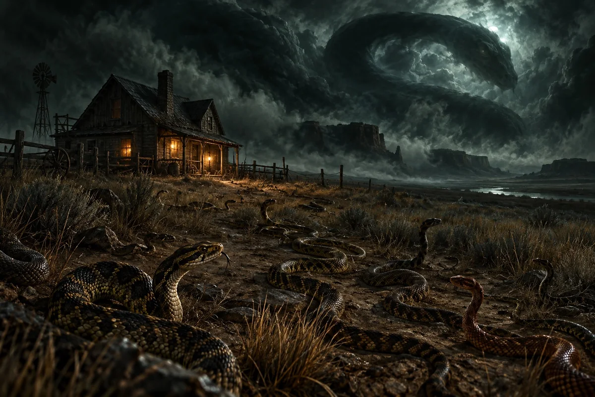 Serpents gather around a remote frontier dwelling under an unseen threat.