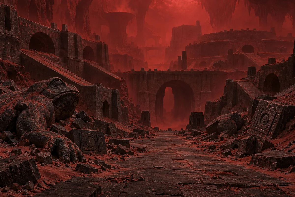 Low cyclopean buildings, broad ramps and fallen toad idols stand in the red haze of Yoth’s abandoned underground city.