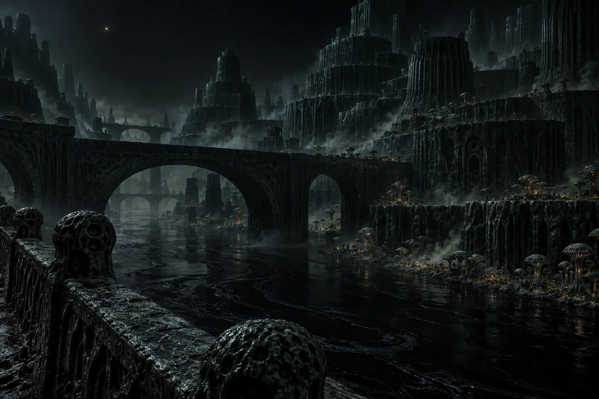 Windowless black towers rise beside a dark river crossed by immense ancient bridges on Yuggoth.