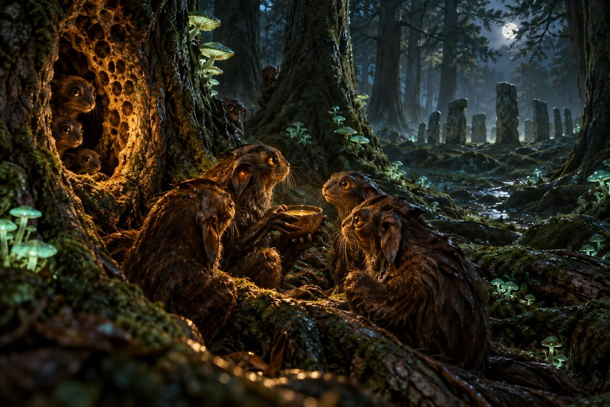Small brown zoogs gather around a moon-tree vessel in the enchanted wood.